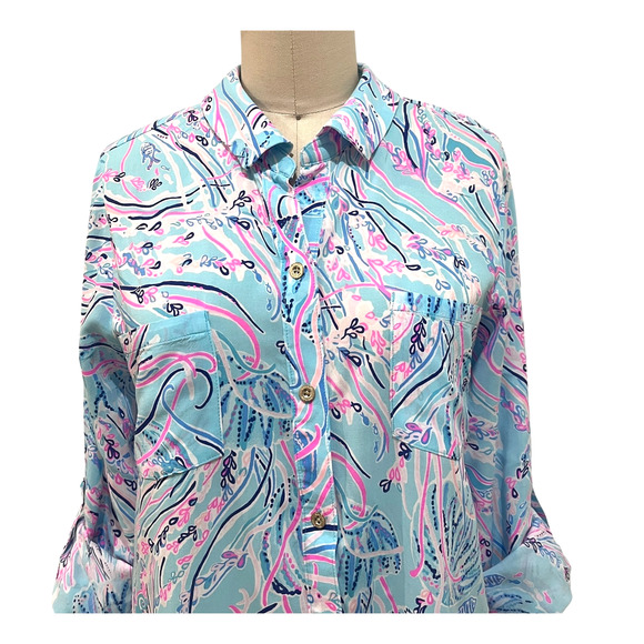 Lilly Pulitzer Natalie Shirtdress Cover-Up SZ Small Blue Pink Ocean Beach Fish - Picture 3 of 7